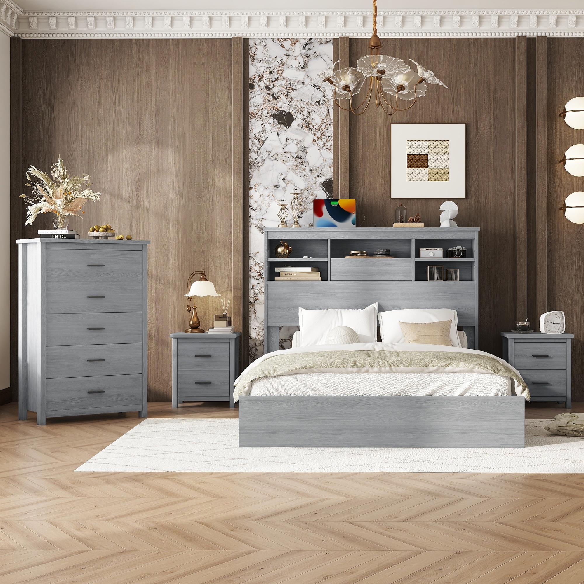 grey bed and dresser set 6-Pc Grey Traditional Bedroom Set with Tufted Sleigh Bed & Marble Tops main image 0