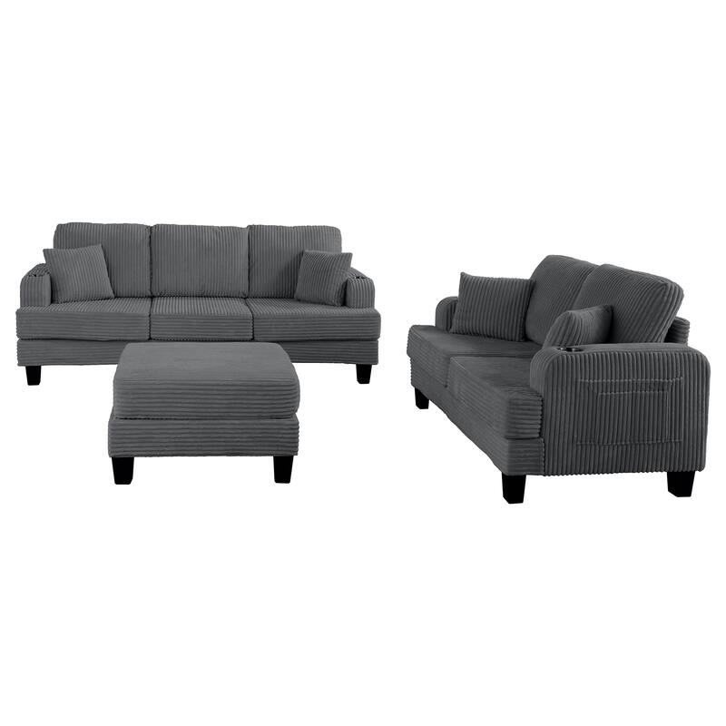 Modern Fabric 3-piece Sectional Sofa Set with Loveseat and Storage Ottoman