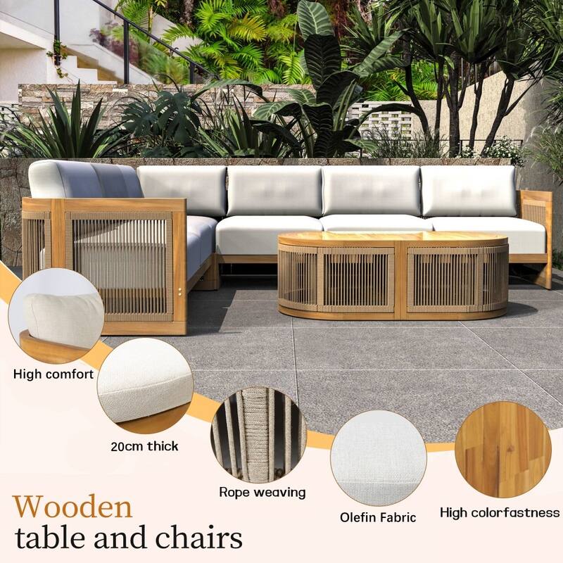 Modern Outdoor Modular Woven Conversation Sofa Set with Acacia Frame and Oval Coffee Table