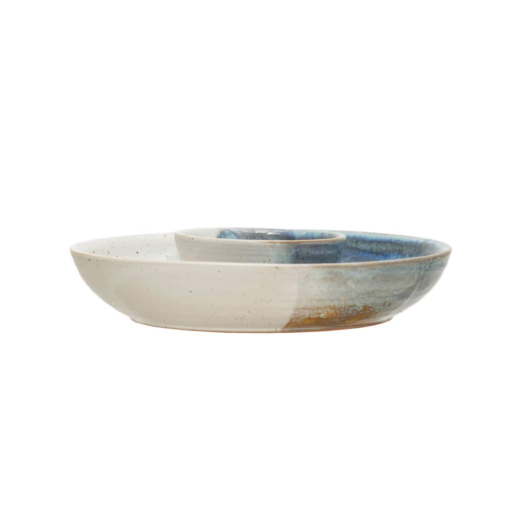 Hand-Painted Stoneware Chip and Dip, Reactive Glaze, Cream Color and Blue (Each One Will Vary) - 8.9"L x 8.9"W x 2.0"H