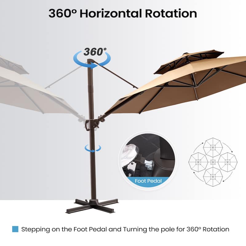 11 FT Outdoor Solar-Powered LED Light Aluminum Double Top Patio Cantilever Umbrella with Fillable Base