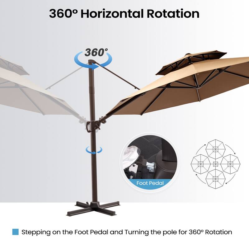 11 ft Outdoor Aluminum Dual Top Solar Powered LED Lighted Patio Cantilever Umbrella and Weighted Base