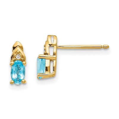 Curata 14k Yellow Gold Polished Diamond and Blue Topaz Earrings - 9x4mm Wide