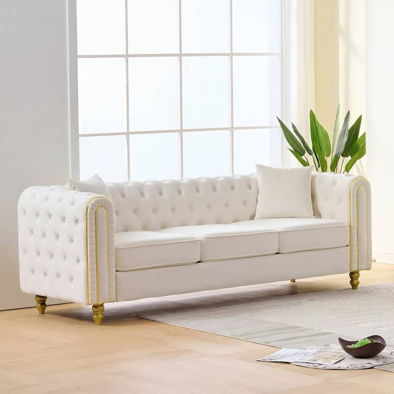 Roomfitters 86" Modern Upholstered Chesterfield Tuxedo Sofa with Gold Trim, Button Back 3-Seater Couch for Living Room