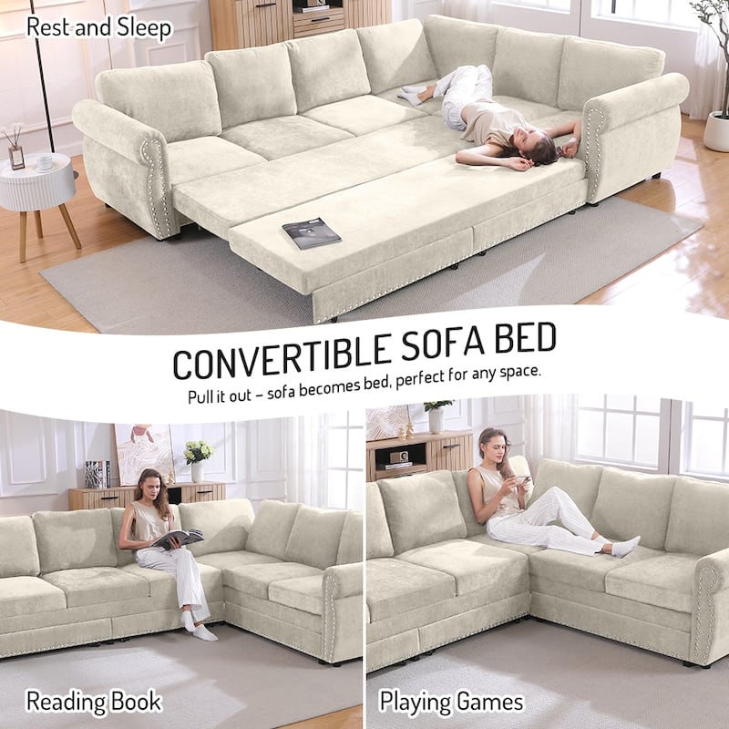 Homy Casa L-Shaped Sectional Sofa w/ Pull-Out Bed, Chenille Sleeper Couch w/ Nailhead Trim & Rolled Arm, Oversize