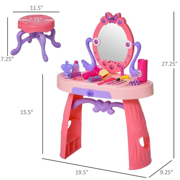 dimension image slide 0 of 3, Qaba Kids Vanity Makeup Table Set with Chair, Pretend Play Toy for 3 Year Old Girls and Above