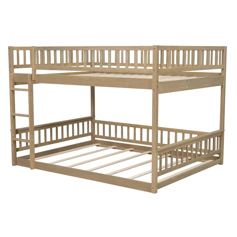 Bunk Bed Frame with Ladder and Guardrails, Detachable Design Wooden Bunk Bedframe into 2 Separate Platform Beds