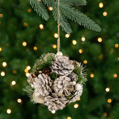 5.5" Glittered Pine Needle and Pinecone Hanging Christmas Ball Ornament