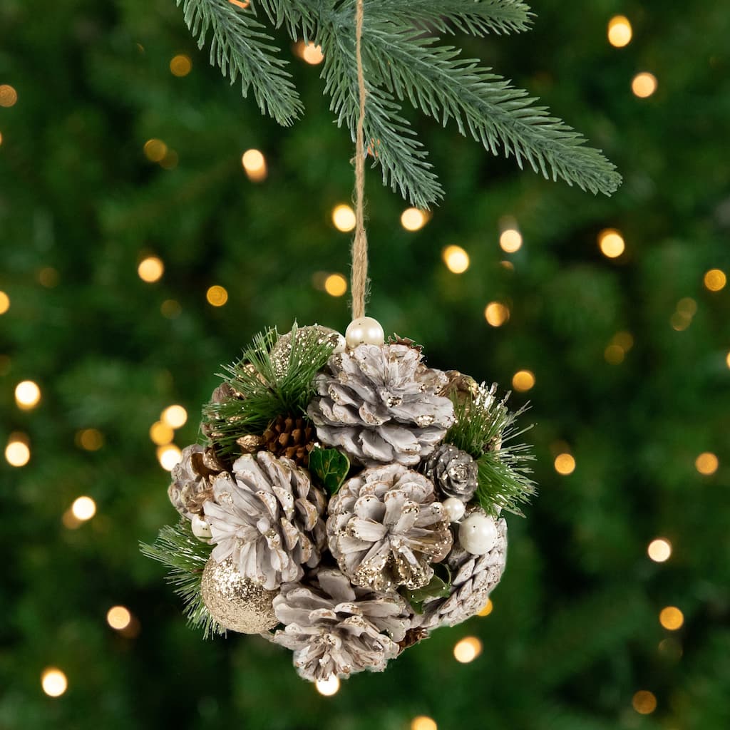 5.5" Glittered Pine Needle and Pinecone Hanging Christmas Ball Ornament
