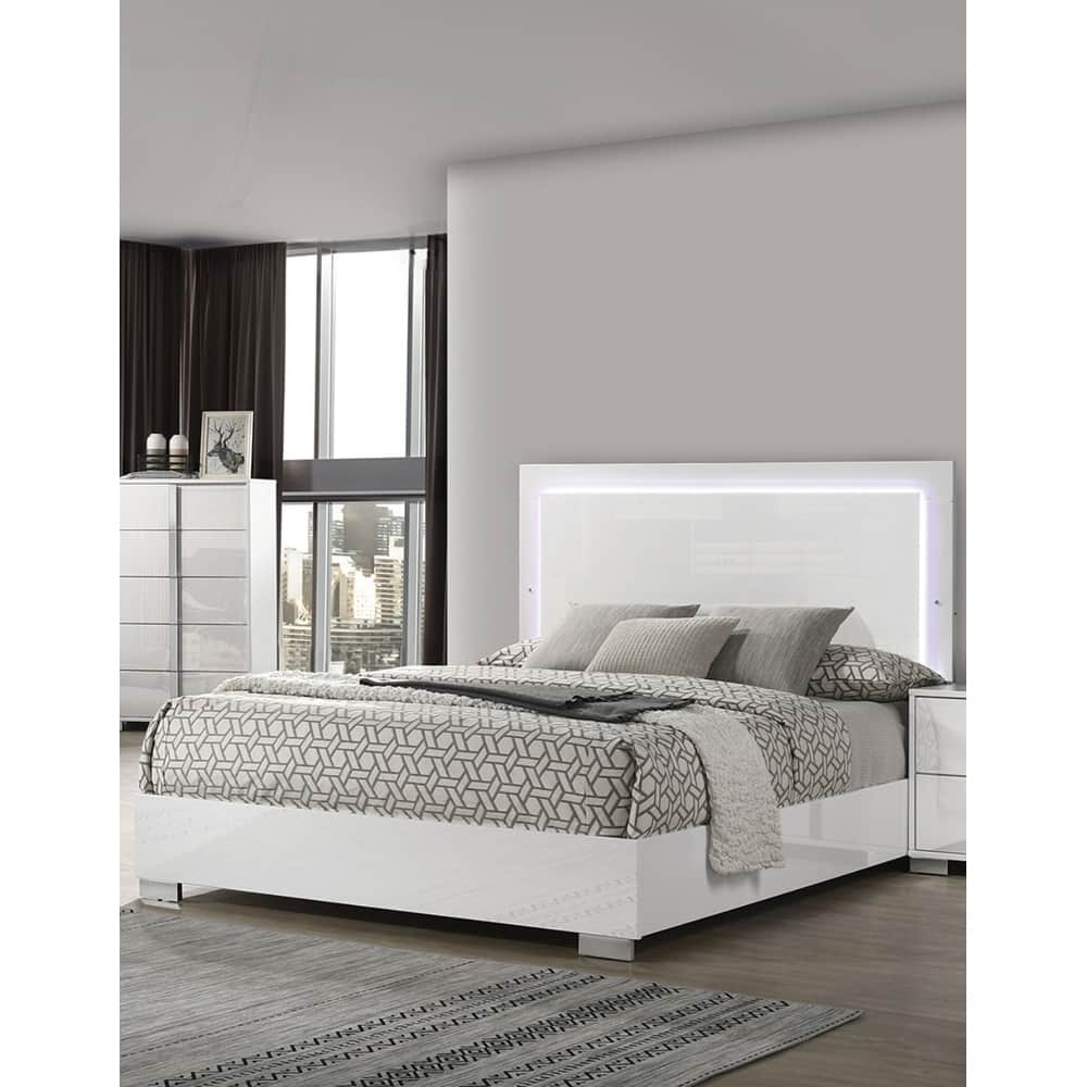 Queen Size Piano LED Platform Bed with Chrome Accents and UV Finish Headboard