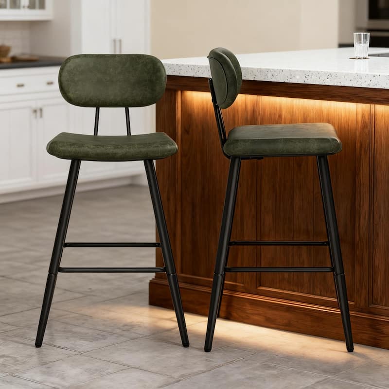 26.75" Leather Counter & Bar Stool with Large Seat and Back - Set of 2 - Green