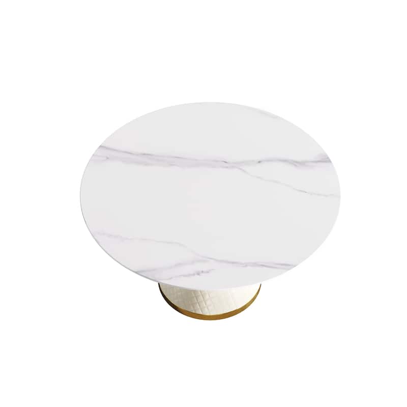 53" Modern Round Marble Dining Table for 6, with Round PU Leather Finish Metal Pedestal