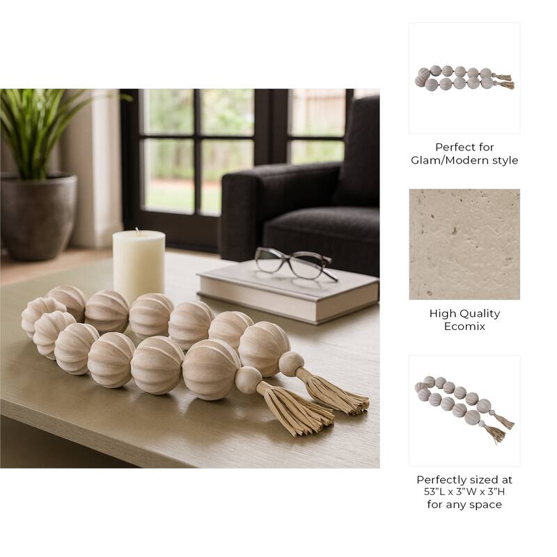 Decorative Textured Beaded Garland with Leather Tassels - 53", Tan