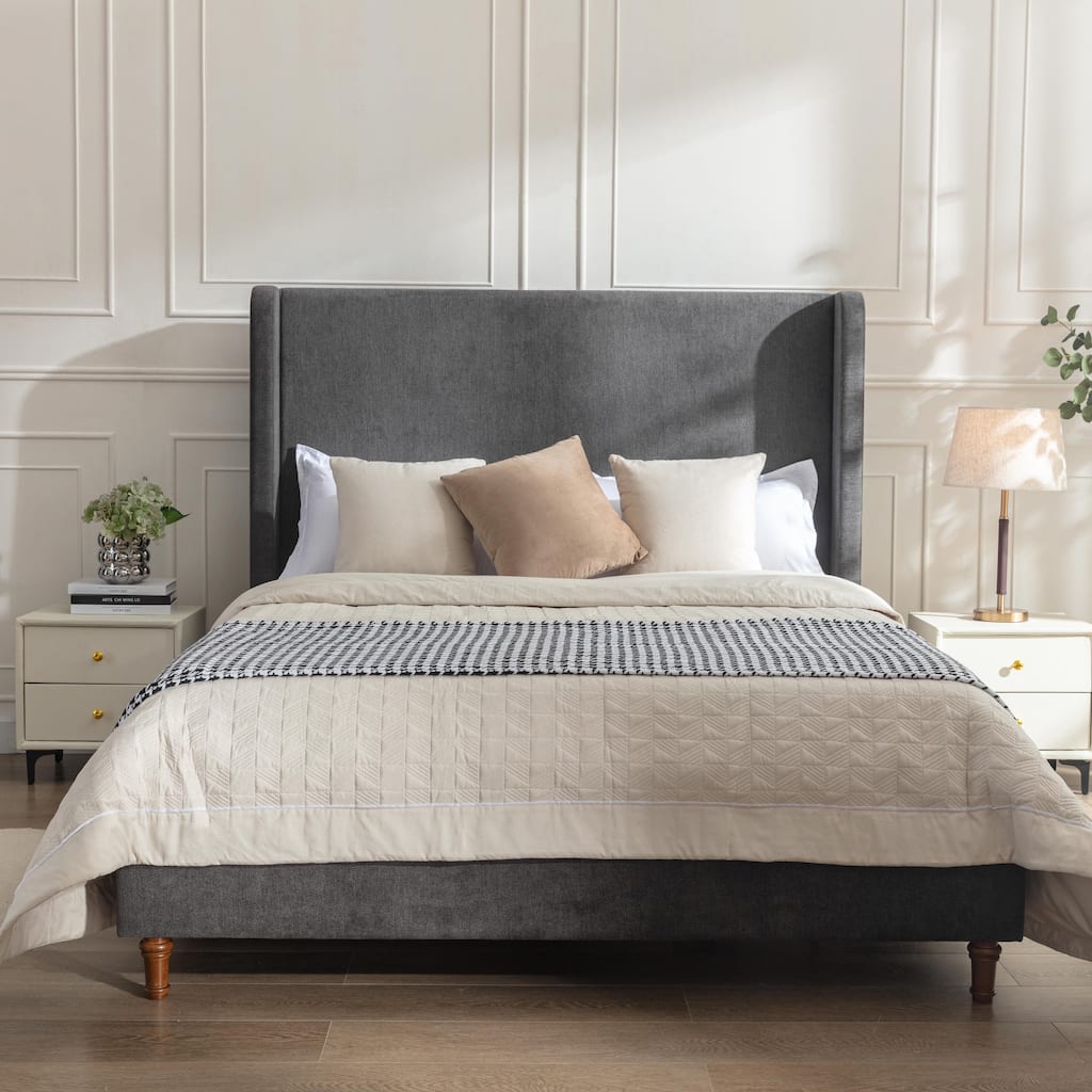 Tall Headboard Upholstered Bed / 54" High Headboard / Elegant Simplicity / No Box Spring Needed / Queen / Dark gray velvet