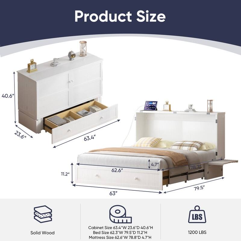 Mixoy Murphy Bed with Mattress,Modern Cube Foldable Cabinet Bed with Charging Station