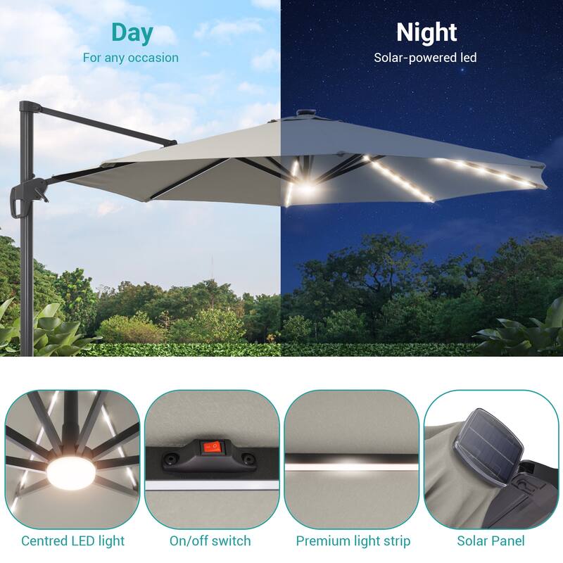 BONOSUKI 11FT LED Cantilever Patio Umbrella Angle Adjustment w/Cross Base