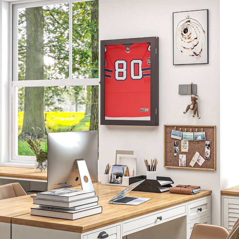 HOMCOM 24" x 32" Jersey Display Case, Wall-Mounted Memorabilia Acrylic Shadow Box with Hanger, Black - Dark Red