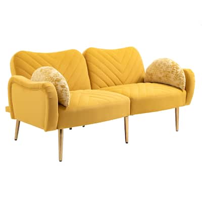 Mid-Century Velvet Loveseat Sofa with Bolster Pillows and Adjustable Backrest, Convertible Sofa Bed