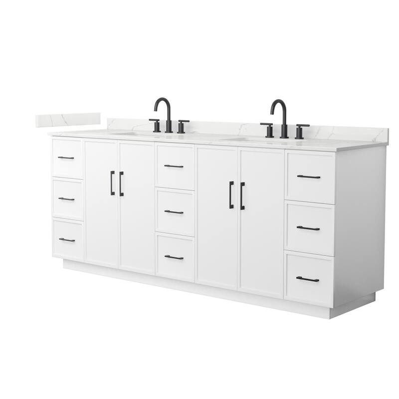 Wyndham Collection WCH7474-84D-QTZ-US3MXX Elan TK 84" Free Standing - White / Giotto Quartz Top / Matte Black Hardware