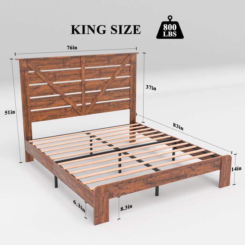 Full/Queen/King Size Bed Frame with Headboard, Vintage Wood Platform