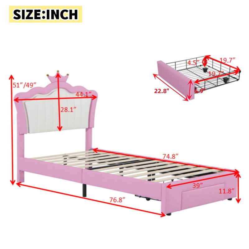Twin Size Upholstered Bed Frame with LED Lights, Crown Headboard, and Drawer in Pink and White