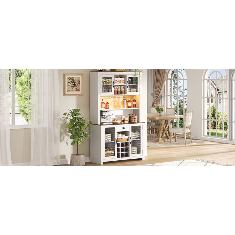 71" Pantry Cabinet, Coffee Bar Storage Cabinet with Charging Station & LED Lights, Tall Kitchen Hutch Cabinet with Wine Rack