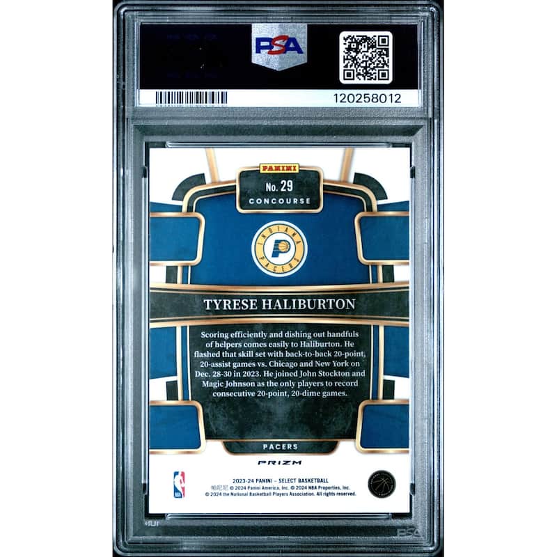 Tyrese Haliburton 2023 Panini Select Silver Prizm Basketball Card #29 Graded PSA 10 Cert # 120258012 - 8' x 11'