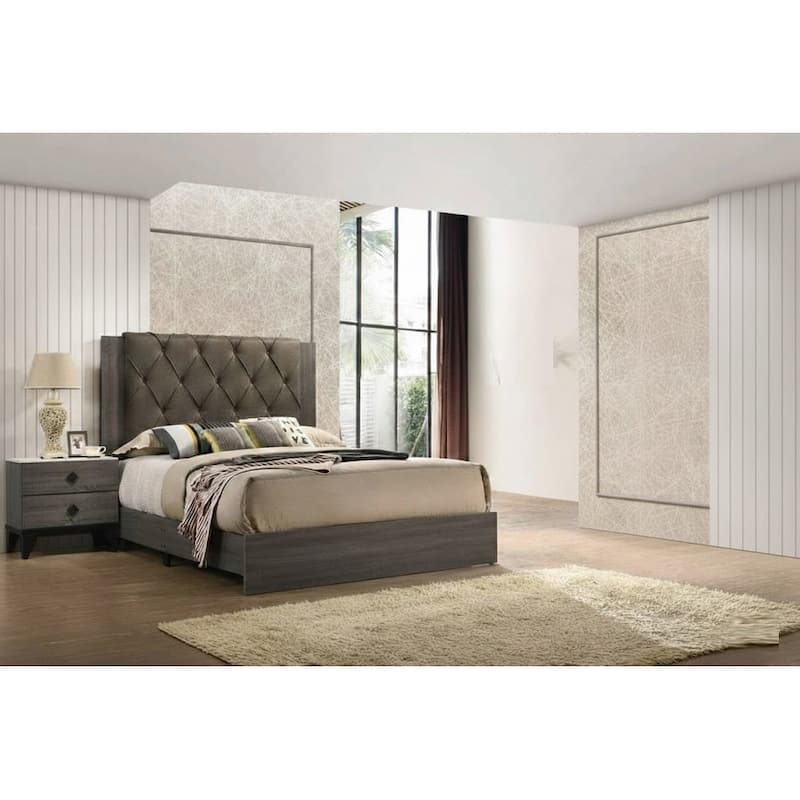 Contemporary Style 3pc Bed 2x Nightstand Set Diamond Knob Handles Padded headboard Gray Finish Bedroom Furniture