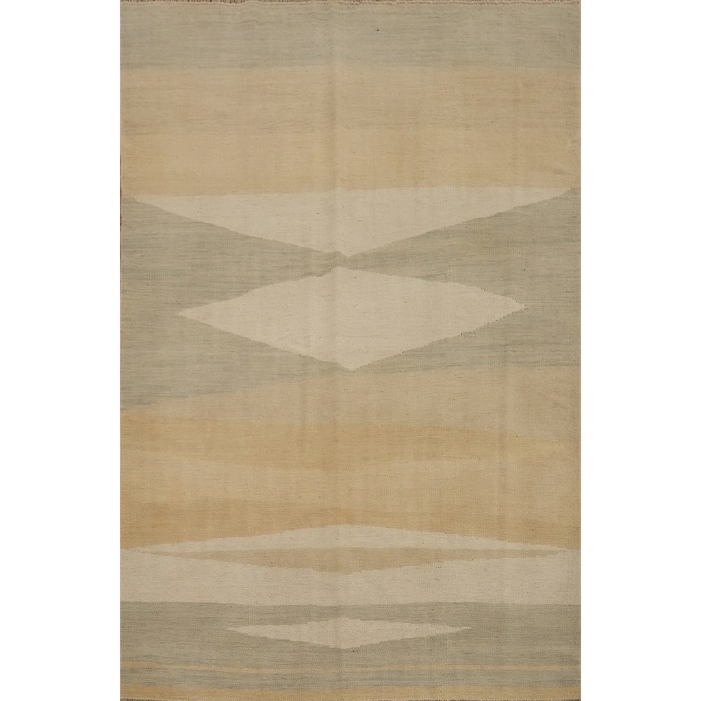 Hand Woven Oriental 100% Wool Carpet Southwestern Modern Beige & Ivories Kilim Area Rug - 6' 8'' X 4' 9''