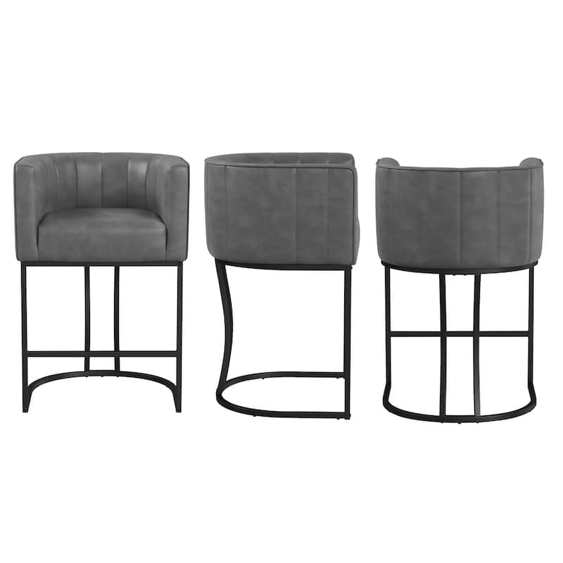 Modern 26.in Counter Height Stool Low Back Upholstered/PU Leather Barrel Bar Stool with Metal Frame