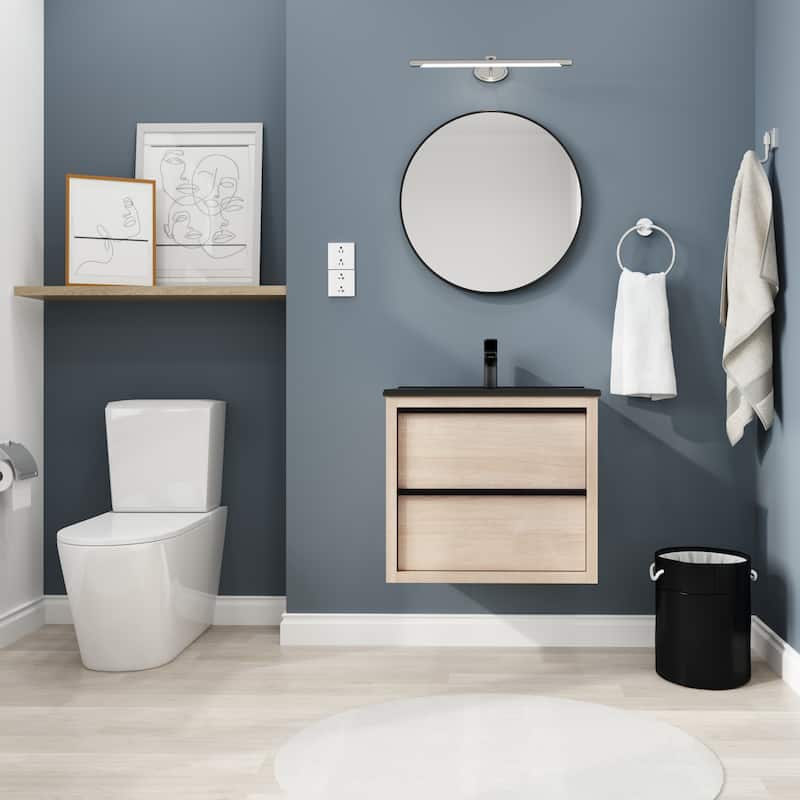 24" Bathroom Vanity, With Black Ceramic Sink And 2 Soft Close Drawers - Oak