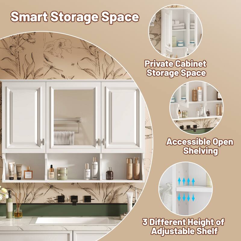 41 Inch Mirror Medicine Cabinet with Open Shelves, Wall Mounted Home Storage with Doors & Mirror, Adjustable Shelf