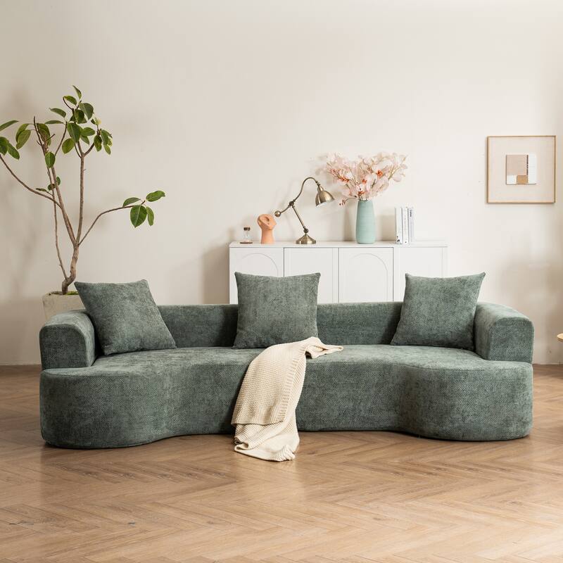 Curved Corduroy Sofa, Soft Cushions with 3 Pillows - Green