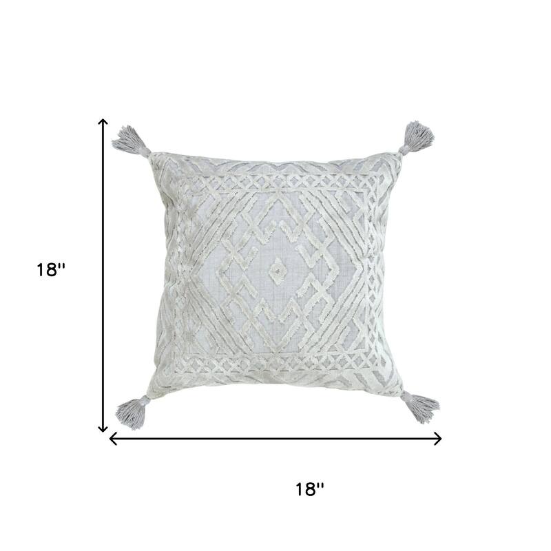 18" Gray And Silver Geometric Viscose Throw Pillow Cover with Tassels