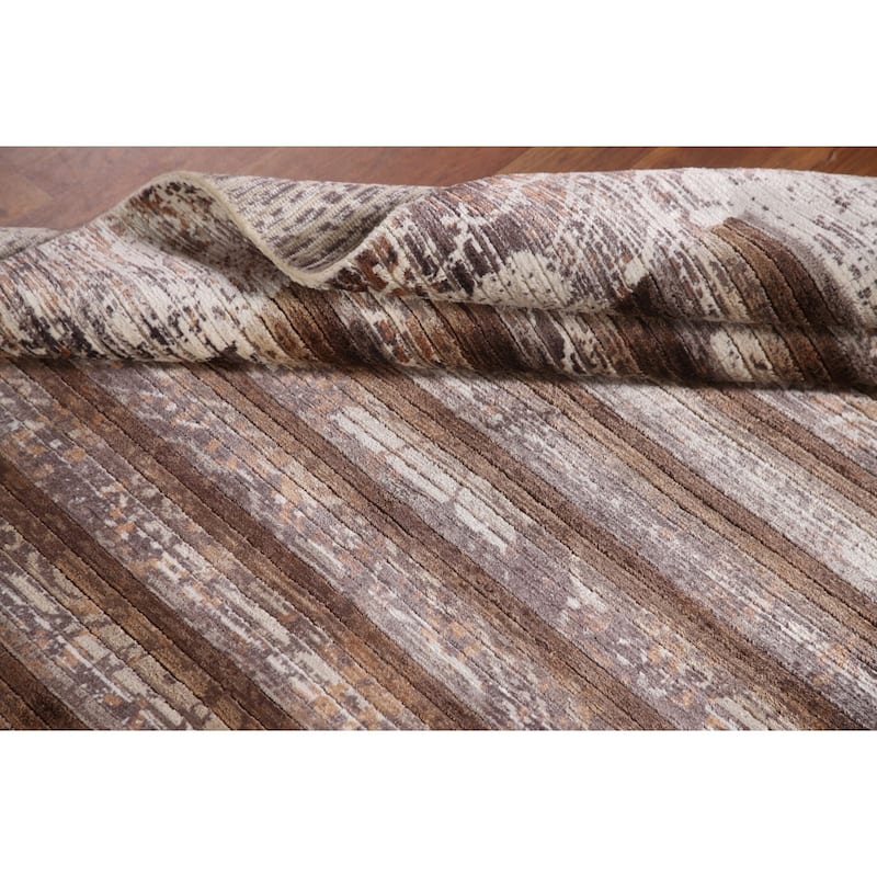 Striped Brown Abstract Oriental Accent Rug Handmade Wool Carpet - 4'1"x 5'11"