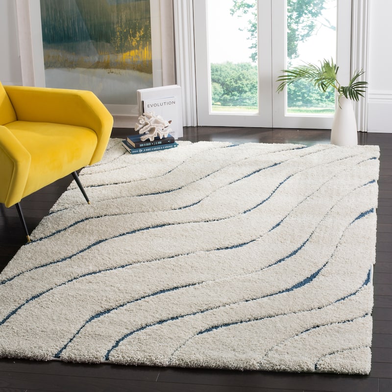 SAFAVIEH Florida Shag Hervor Soft Serene Waves 1.2-inch Thick Rug - 8' x 10' - Cream/Blue - Rectangle
