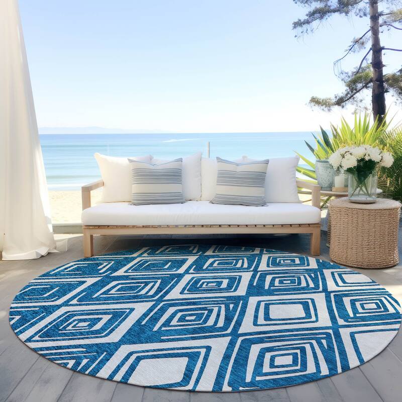 Machine Washable Indoor/ Outdoor Chantille Contemporary Diamonds Rug - Navy - 8' x 8'