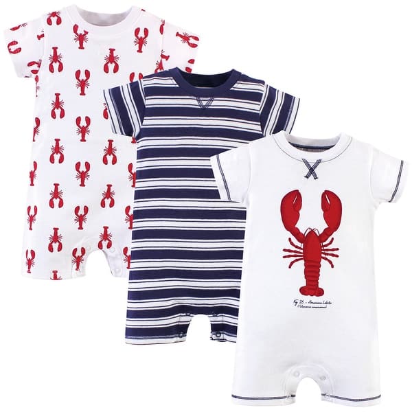 slide 1 of 1, Touched by Nature Baby Boy Organic Cotton Rompers 3pk, Lobster 12 - 18 Months - Blue/Red