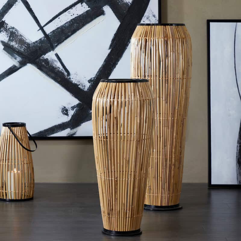 Brown Wicker Wood and Rattan Handmade Slatted Frame Vase with Black Metal Accents - Brown - 14"W, 34"H