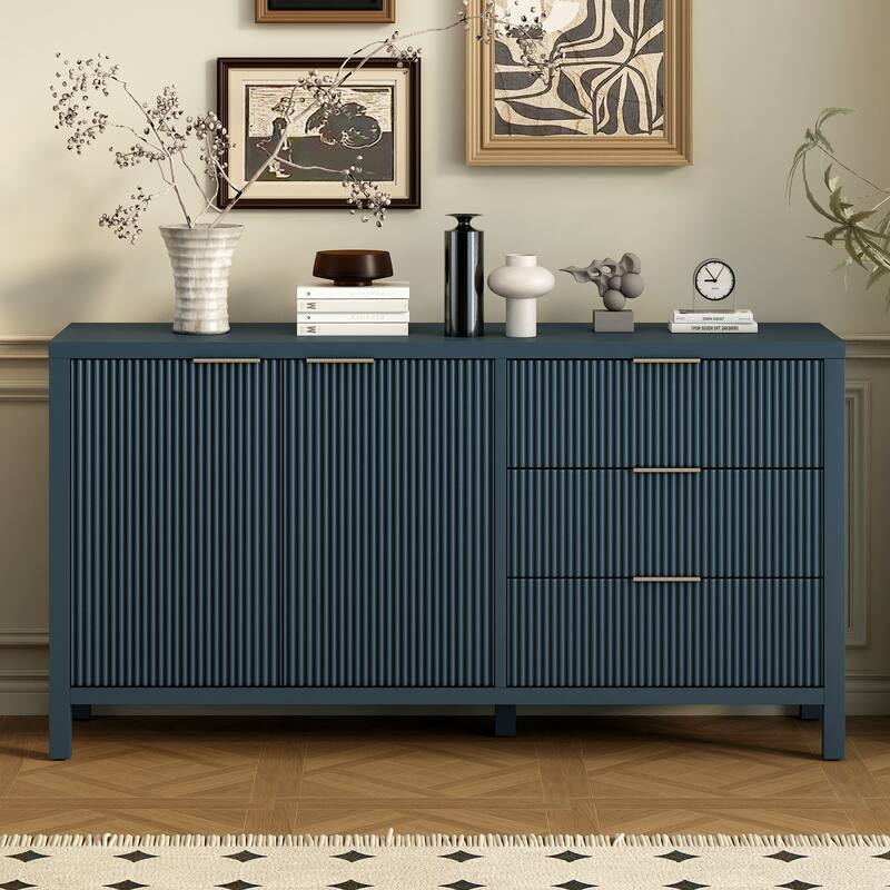 4-Door Wave-Pattern Buffet Cabinet with Wood Legs and Aluminum Handles, Kitchen Cabinet with Adjustable Shelves & 3 Drawers