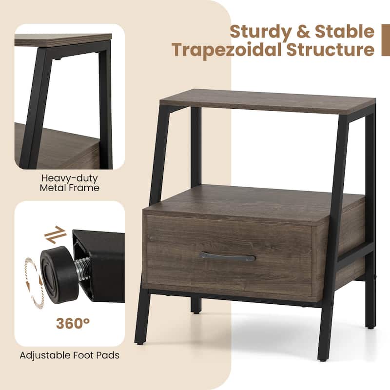 Costway 1/2 PCS Nightstand with Drawer Farmhouse 3-Tier Bedside Table