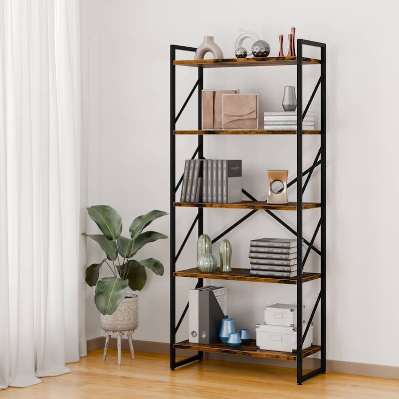 5-Tier Wood Storage Bookshelf with Anti-tipping & Drawers - Brown