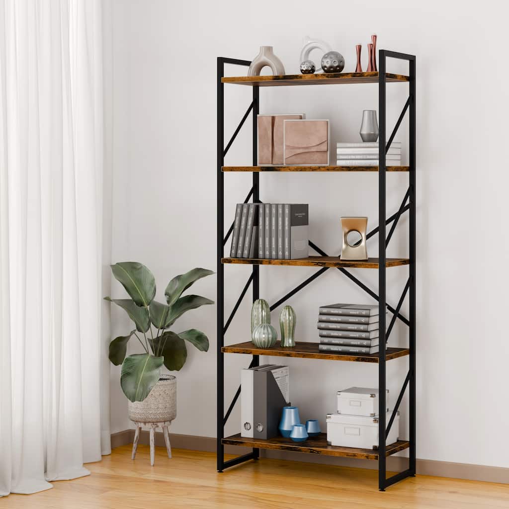 5-Tier Wood Storage Bookshelf with Anti-tipping & Drawers