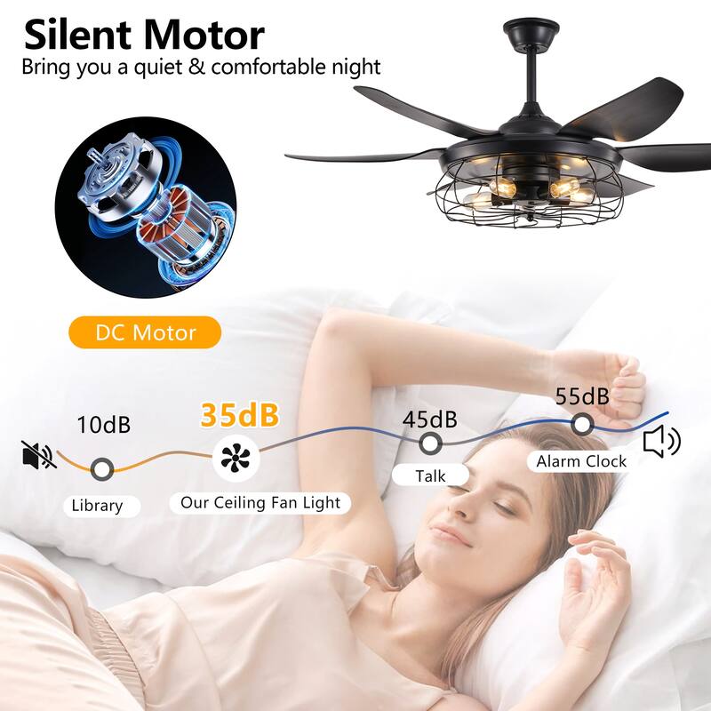 6-Speed Reversible Ceiling Fan for Bedroom Living Dining Room, 52" Industrial Cage Ceiling Fan with Light, Bulb Not Included