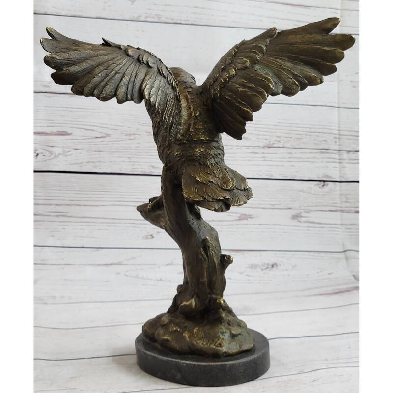 Bronze Marble Base Owl Bird Sculpture Statue Figure Art Decor Hot Cast Figurine