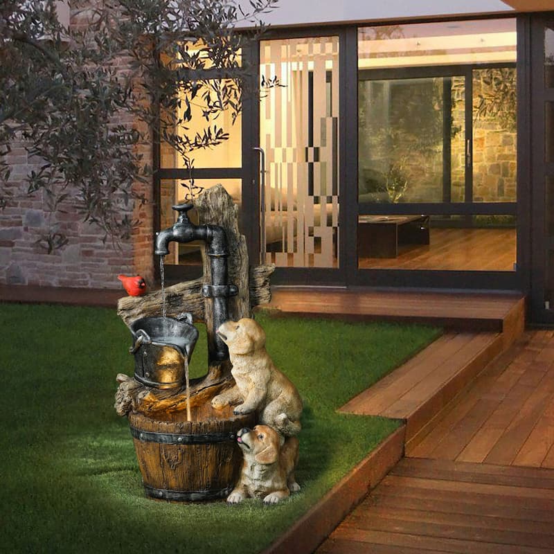 Resin Puppies and Water Faucet Outdoor Fountain with LED Light