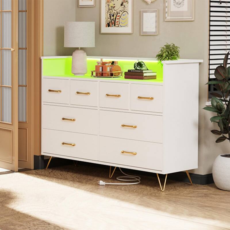 8 Drawer Dresser for Bedroom with LED Light, Charging Station & Open Shelf