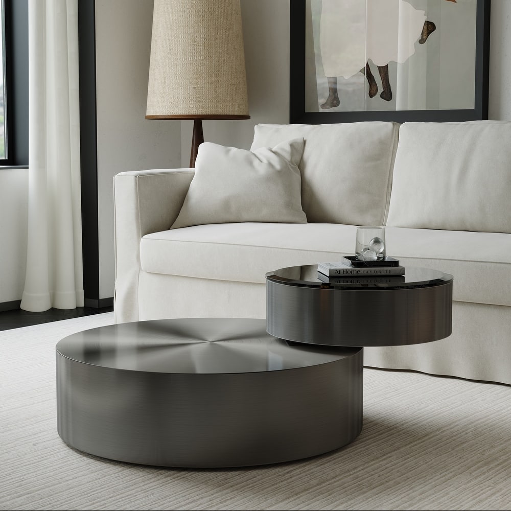 Luxury Round Coffee Table with 2 Tier Rotatable Top Circle Coffee Table with 360° Swivel Top for Living Room Apartment