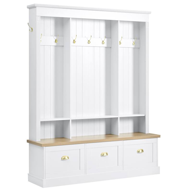 Large LED Hall Tree with 9 Hooks, Roman Column Design Storage Bench with 3 Cabinets, Farmhouse Entryway Organizer with Shelves