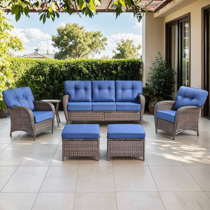 Gymojoy 6-Piece Outdoor Wicker Patio Furniture Set, 5" Thick Cushioned Rattan Conversation Set - Brown Wicker / Blue Cusion - 6-Piece